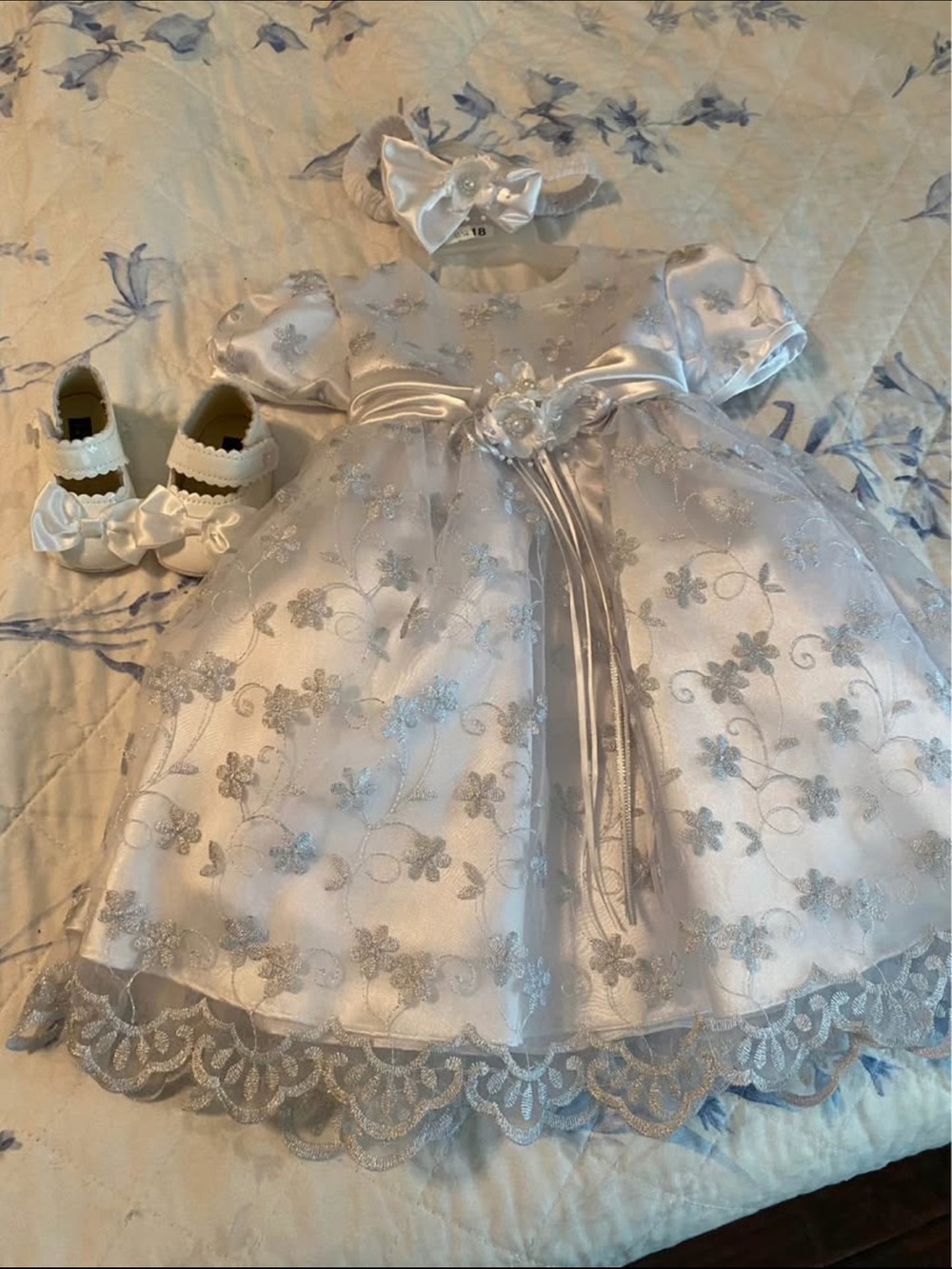 White Satin Baby Dress with Floral Embroidery and Matching Bow Headband